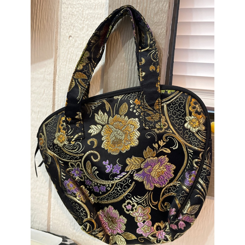 MAGGIB Black Brocade Floral‎ Heart Shaped Handbag Purse